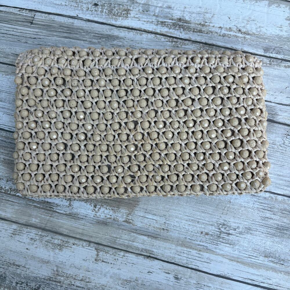 Barbara Lee Vintage Beaded Raffia Clutch Tan Beige Good Woven Made in Italy - Picture 8 of 12